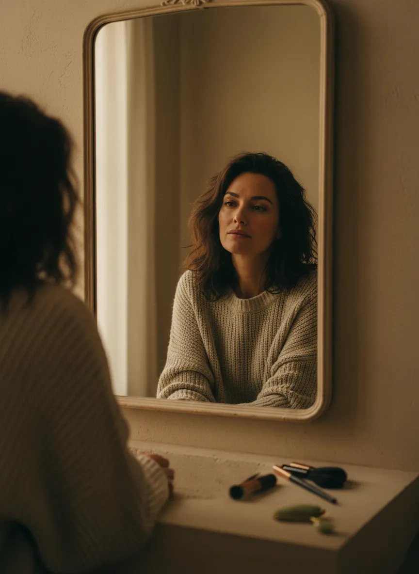 Stressed woman looking in the mirror