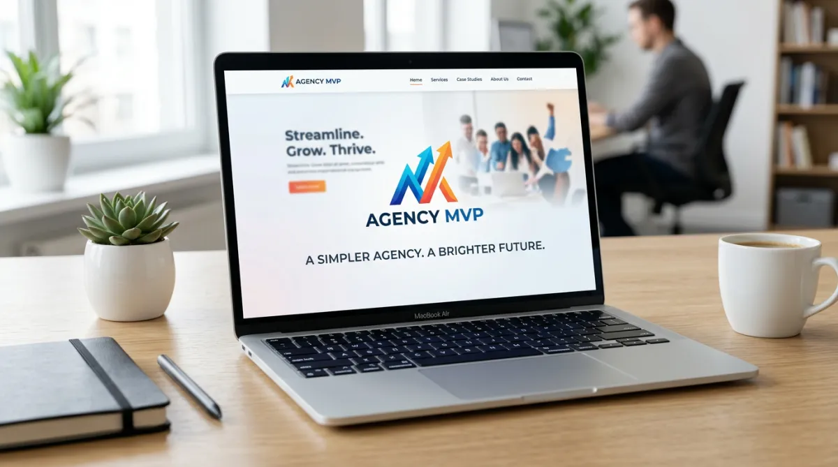 Laptop mockup displaying the Agency MVP logo and tagline 'A SIMPLER AGENCY. A BRIGHTER FUTURE.' on the screen.