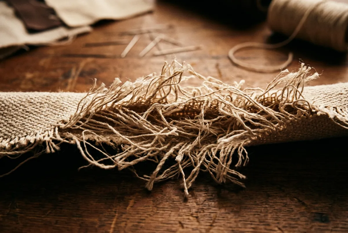 Tactile macro shot of unbleached canvas fibers and warp testing