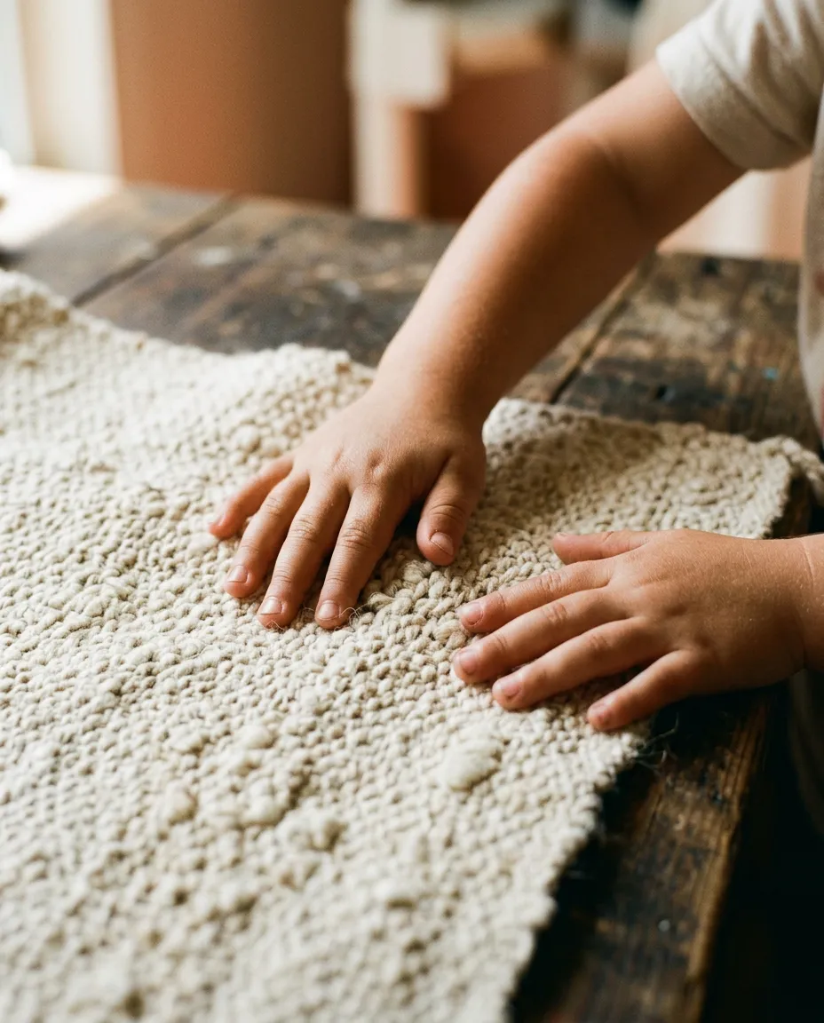Close up of hands gently guiding young learners through raw woven fibers and natural textiles in a warm Ecuadorian artisan workshop