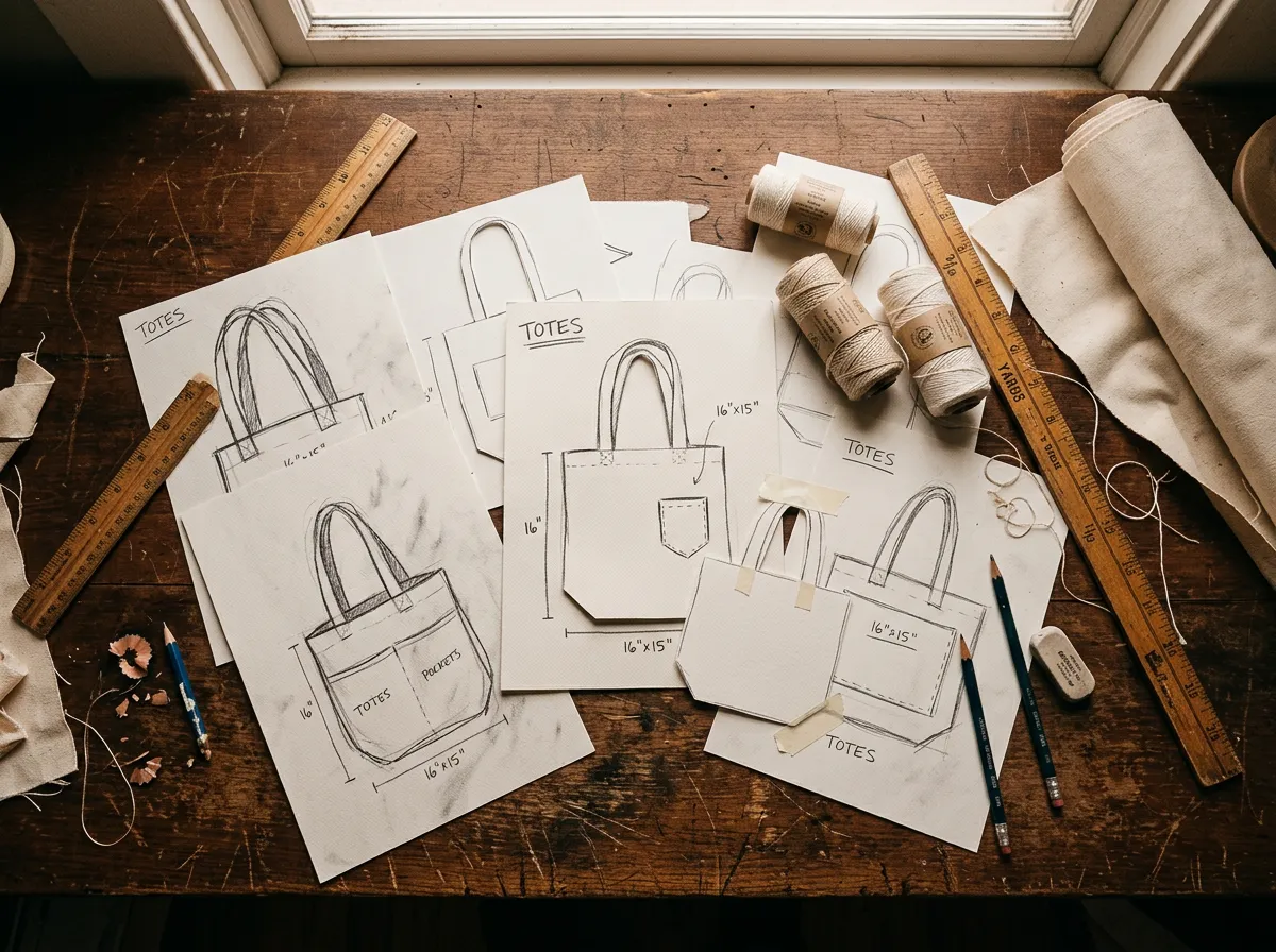 Architectural sketches and paper mockups of tote bag proportions on a wooden workshop table