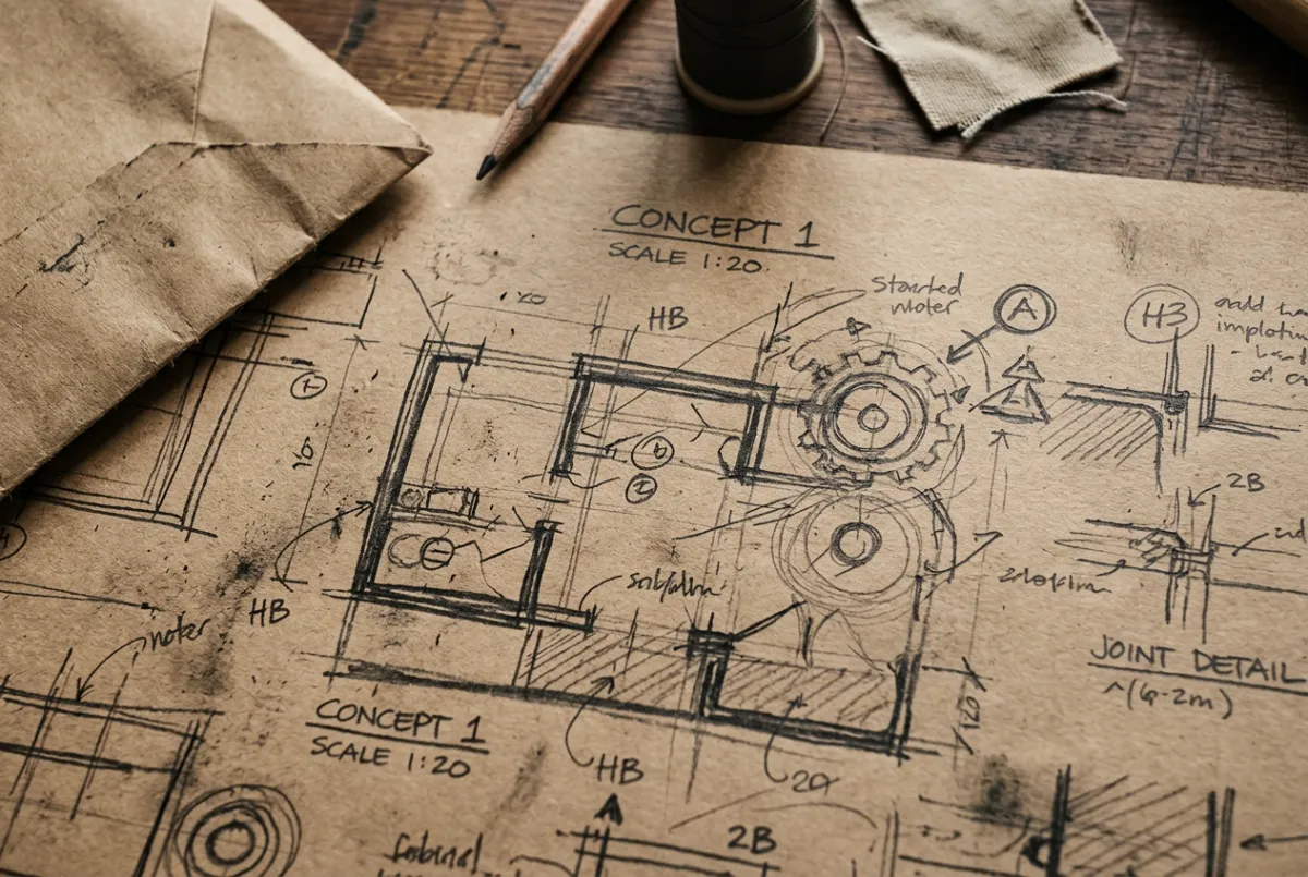 Hand-drawn schematic and leather awl alignment test on workbench