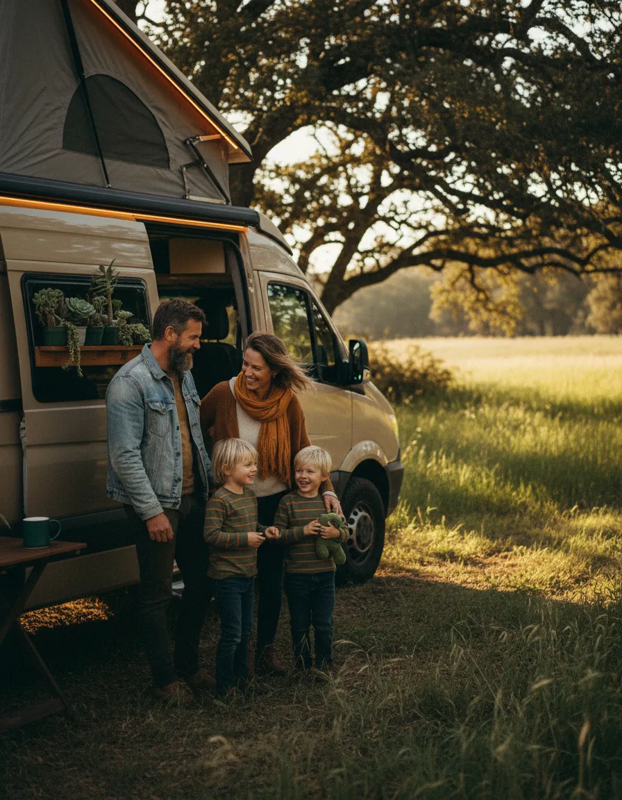 Warm portrait of the founding family of Roaming Roots Camper