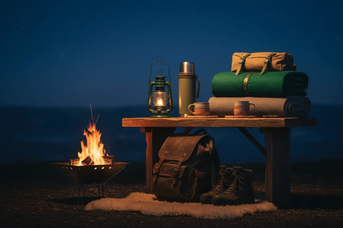 A crackling fire pit setup under the starlit sky