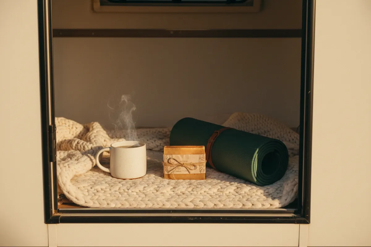 A serene yoga setup by the camper near the ocean