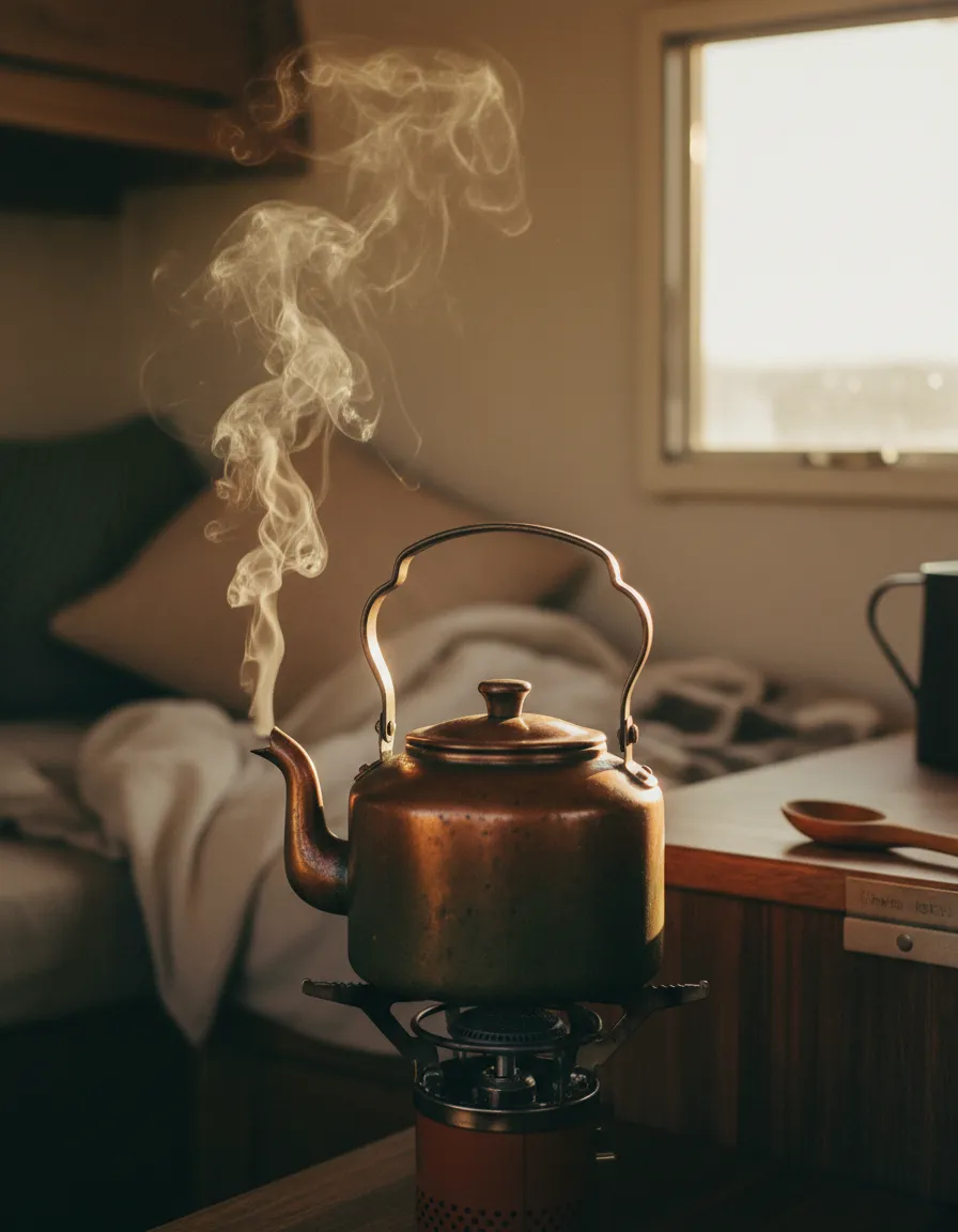 Warm morning light over tea brewing on a nomadic journey