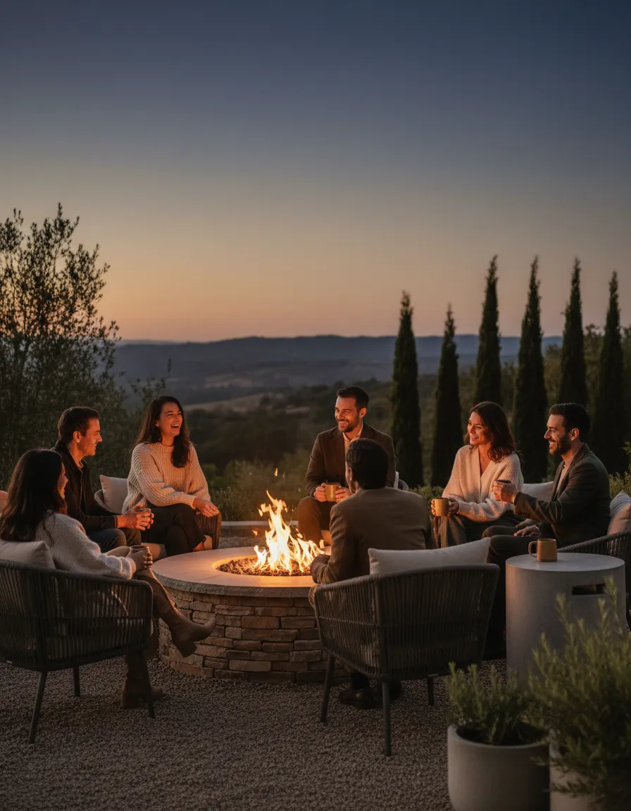 A diverse group of people sitting together outdoors in soft golden hour light, sharing a meaningful conversation.
