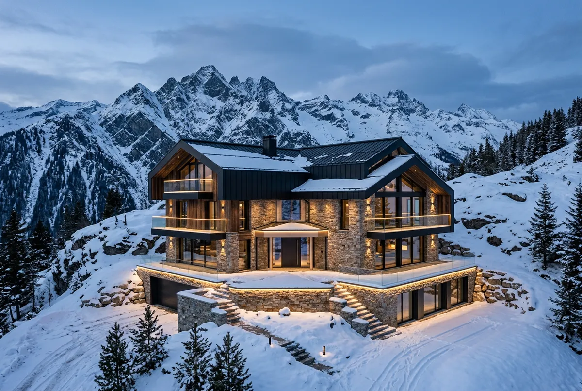 Sculptural alpine architectural residence with snow-covered mountain backdrop