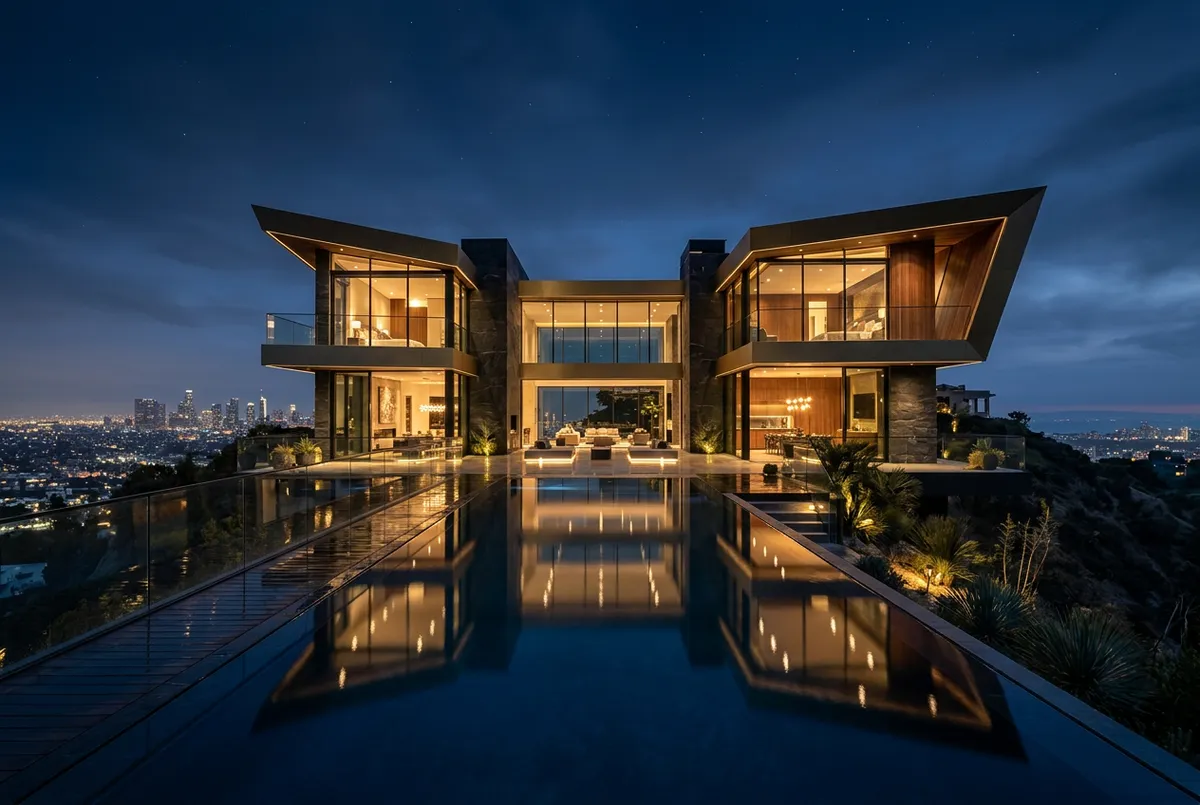 Architectural modern estate with pool overlooking city skyline