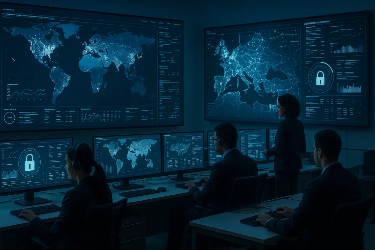 Secure city operations center with dashboards and team monitoring analytics; modern control-room emphasizing data security and encryption.