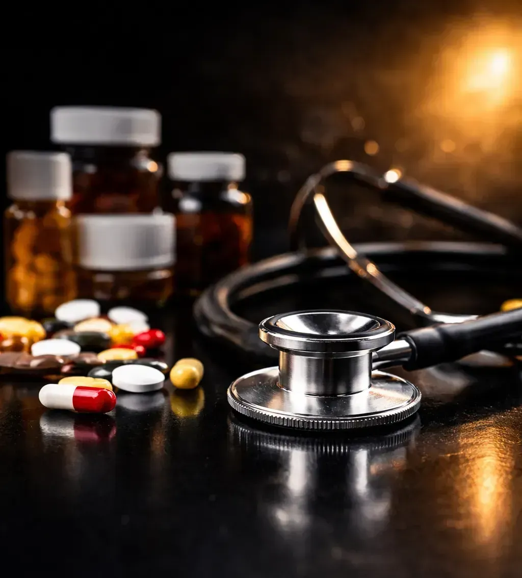 Stethoscope and pill bottles