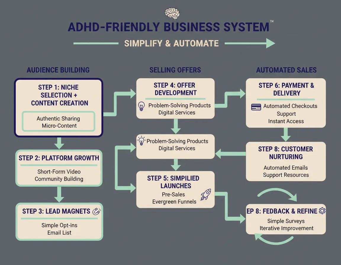 Flowchart diagram illustrating the system for building an audience, selling offers, and automating sales.