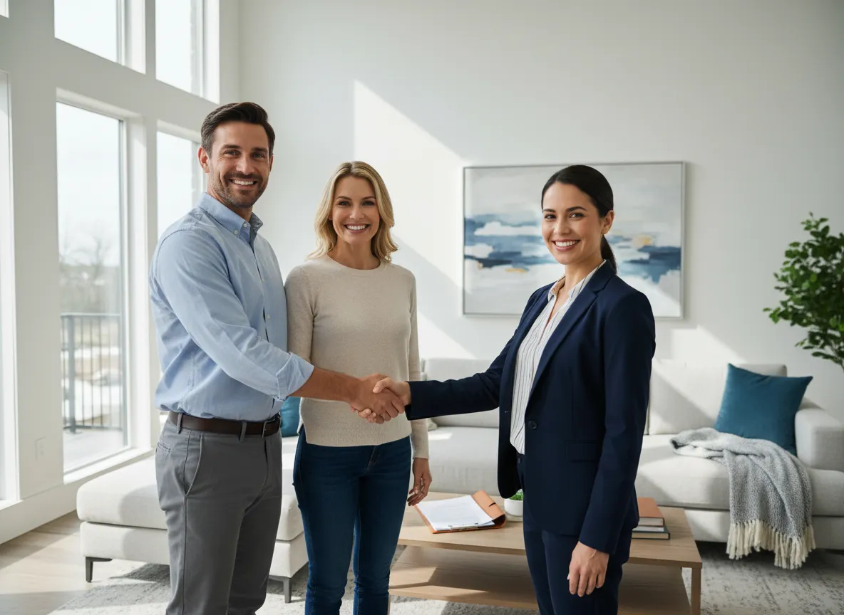 Happy homeowner shaking hands after closing a cash sale
