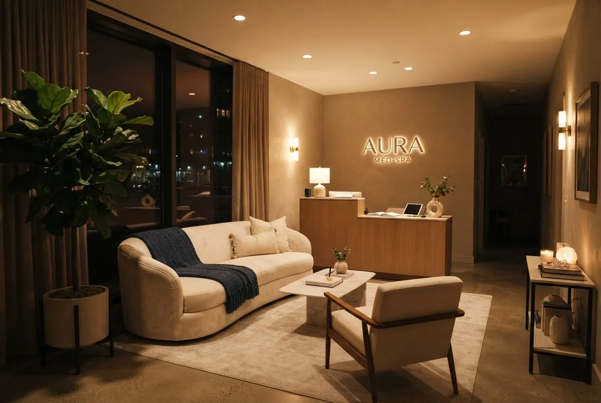 Warm evening ambiance at an empty med spa reception lounge