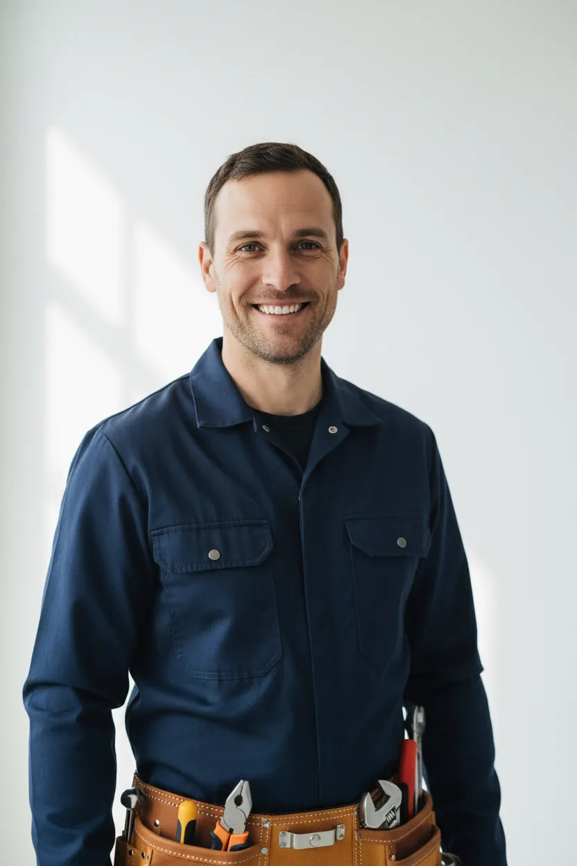 Friendly male plumber in navy workwear with tool belt, smiling portrait on neutral white background, natural light, high-resolution vertical crop