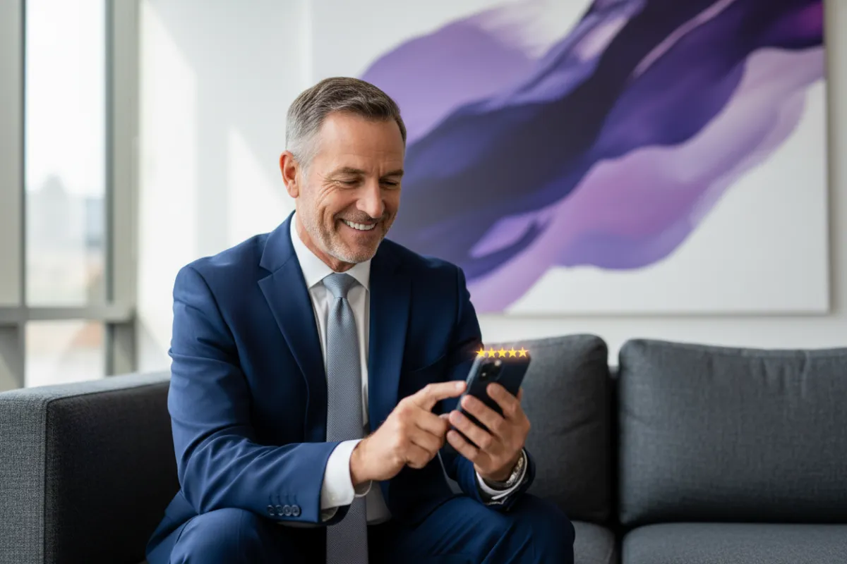 Attorney smiling while reading a positive online review on smartphone in modern office