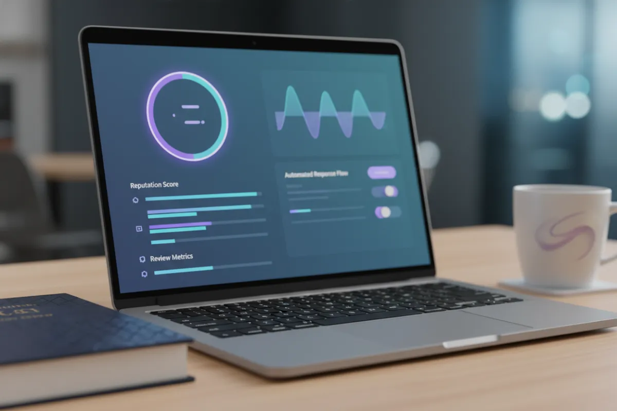 Digital dashboard showing real-time reputation analytics for a law firm with purple accents