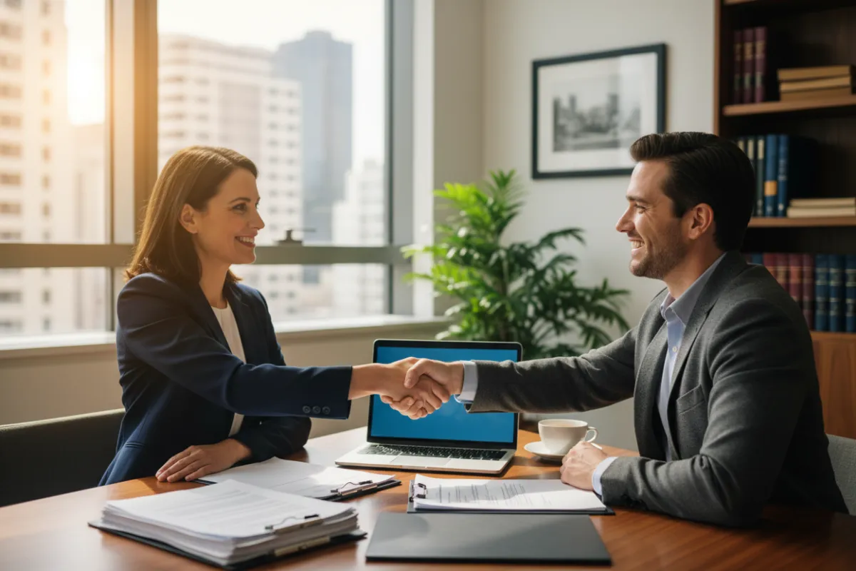 A mid-career female attorney shaking hands with a new client in a sunlit office.