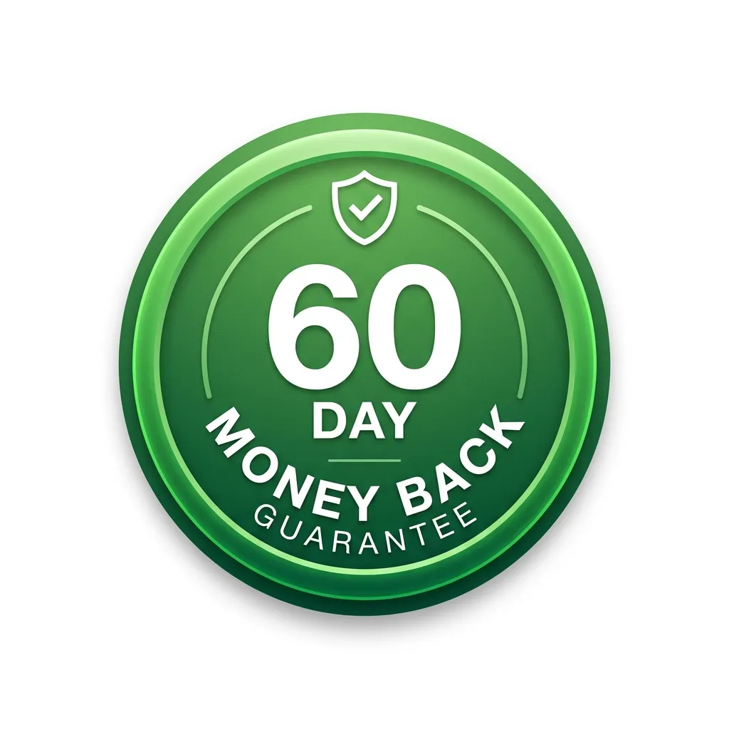 Green circular badge with '60 DAY MONEY BACK GUARANTEE' text