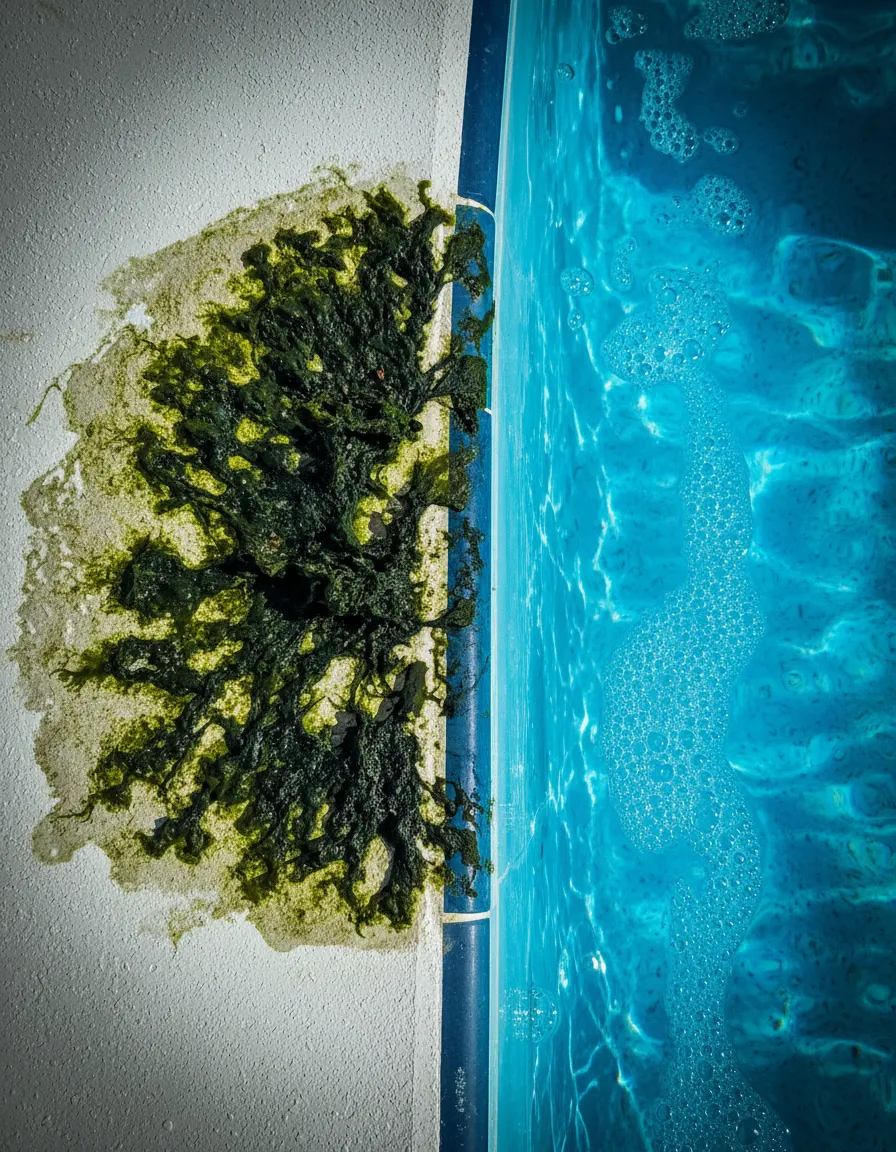 Untreated, murky pool corner with stubborn algae growth