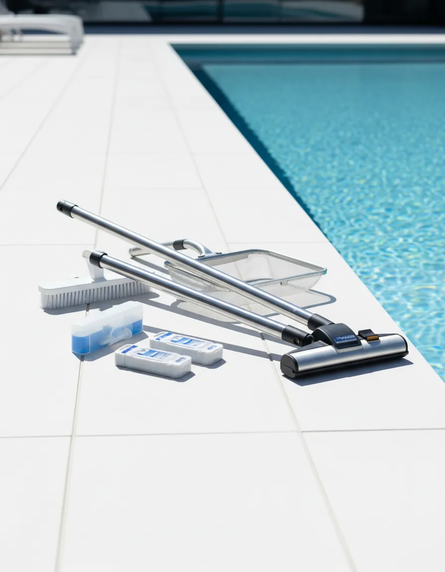 Professional pool maintenance equipment beside sparkling water