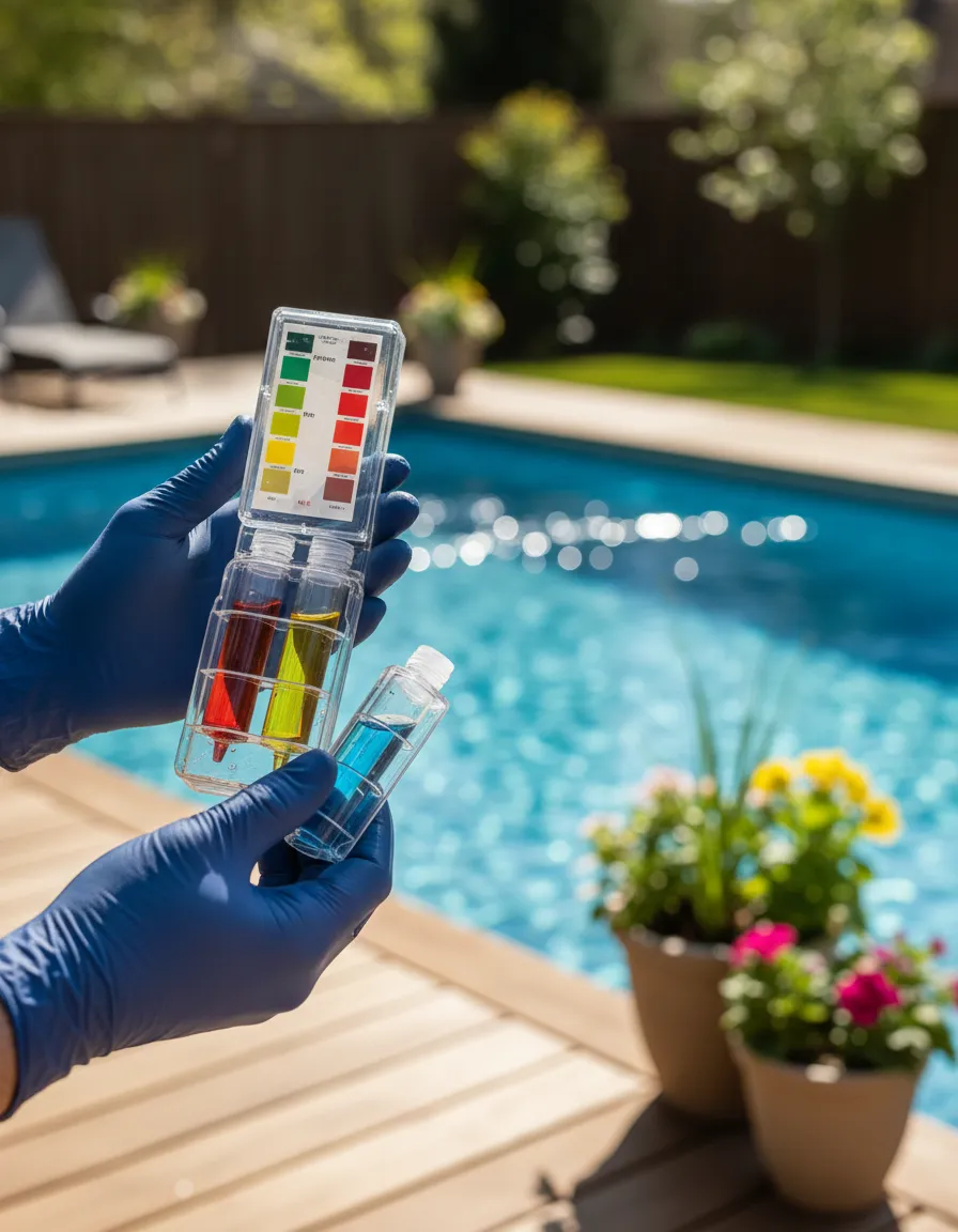 Expert pool technician testing water chemistry