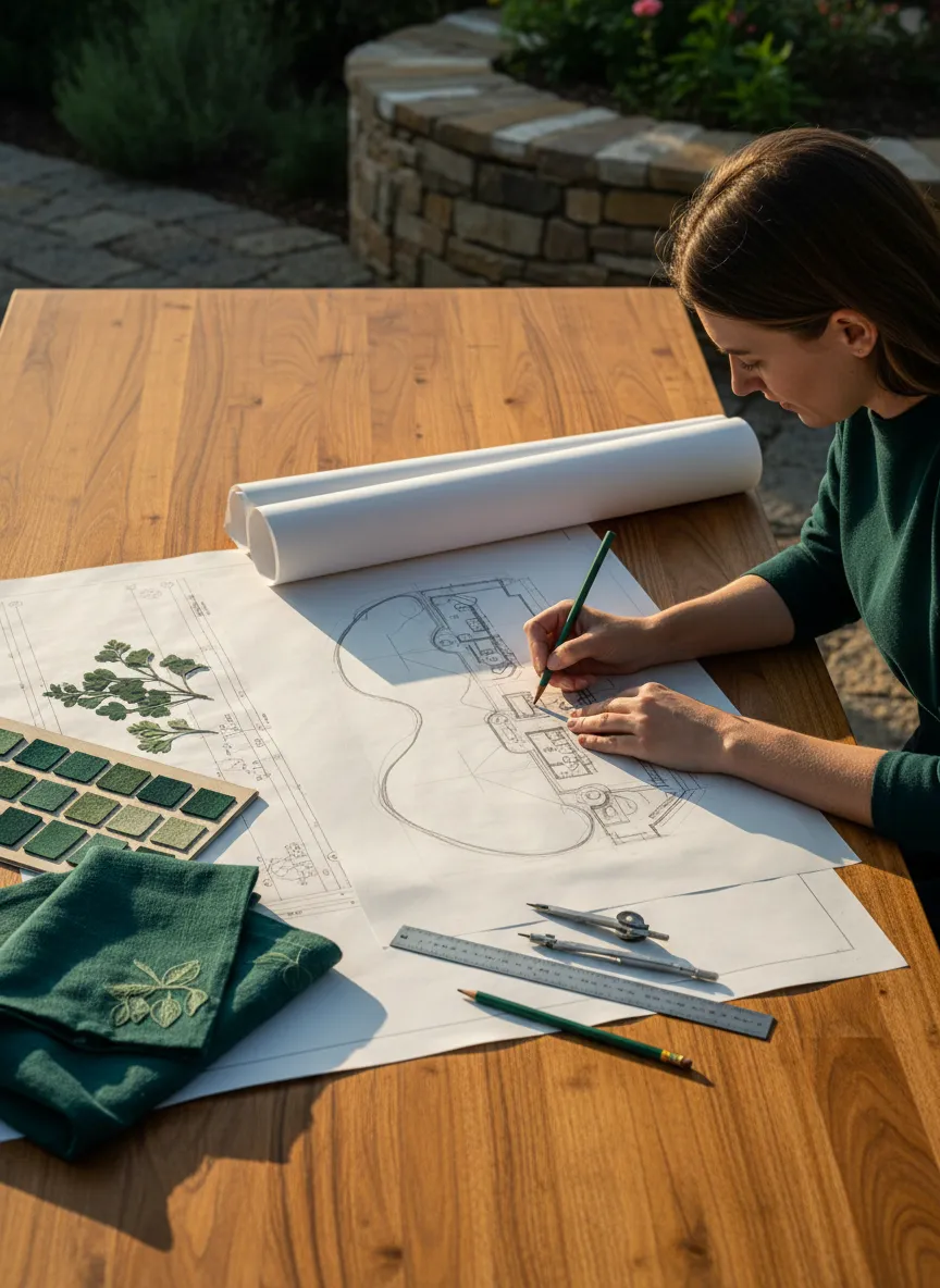 Landscape architect sketching a unified garden design on site