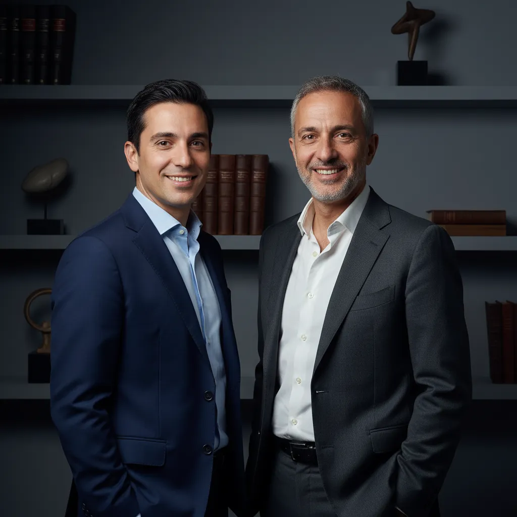 Ritratto formato quadrato (1:1) di due fondatori italiani (Fabio & Alberto), sorridenti, in posa professionale nello studio, luce morbida, look professionale e umano; fotografia professionale ritratto per creare fiducia e connessione personale.