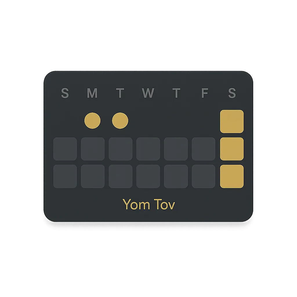 Calendar demo showing green active days, gold Shabbos, and bright gold Yom Tov