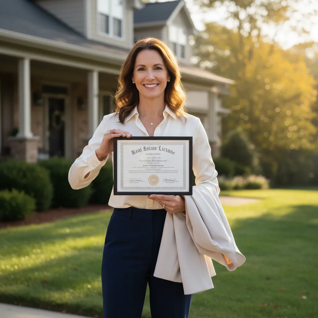 Smiling woman in her 40s, holding a real estate license certificate, standing in front of a suburban home. Early morning light, confident posture, casual business attire, sense of accomplishment and new beginnings.