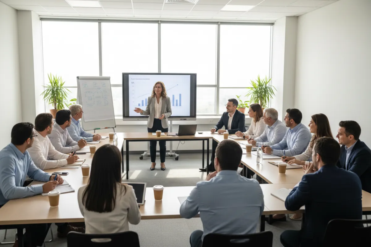 Diverse adults in a bright classroom, engaged in real estate training, with instructor guiding a discussion. Modern setting, mix of ages and backgrounds, collaborative energy, everyone focused and optimistic.