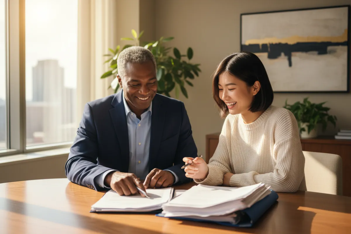 Male mentor in his 50s, sitting with a younger student in a modern office, reviewing real estate documents together. Warm lighting, supportive atmosphere, both smiling, diverse backgrounds, collaborative and encouraging mood.