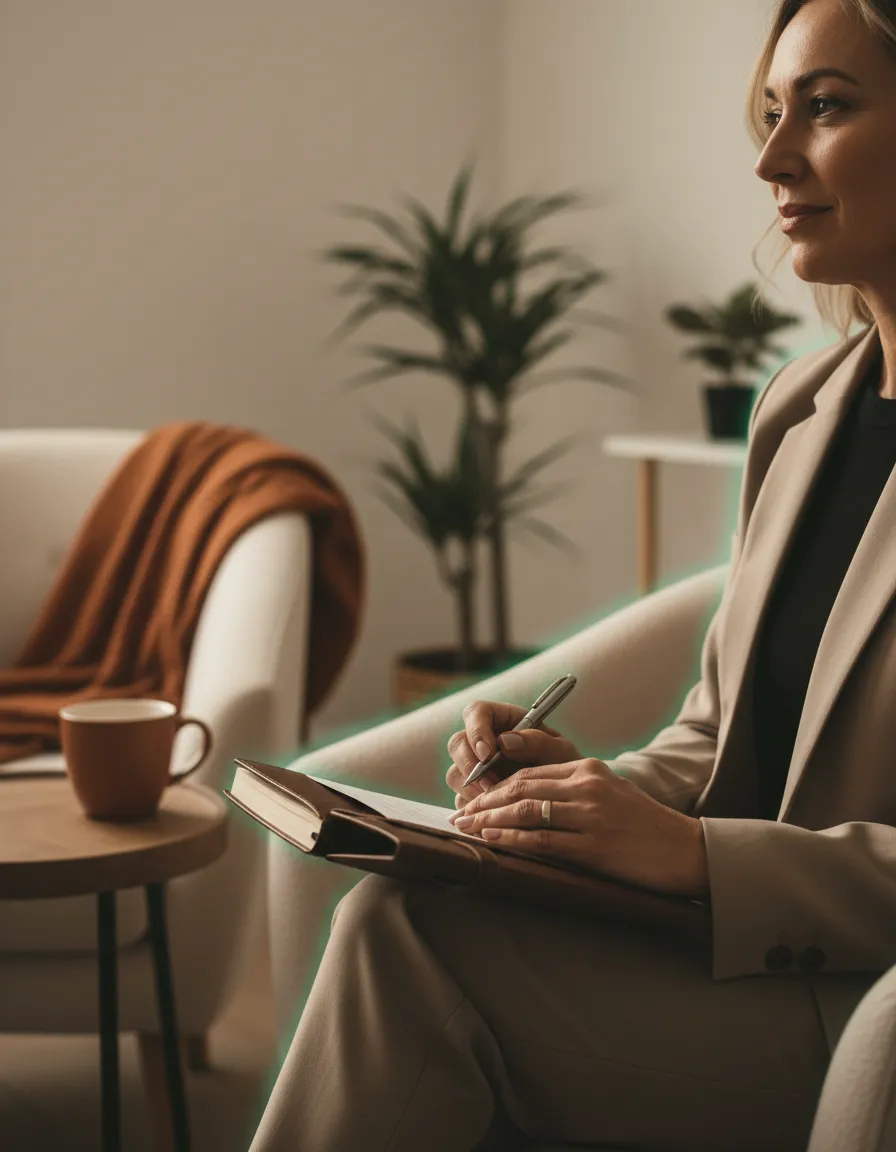 Editorial photo of a therapist reading in a warm clinical setting