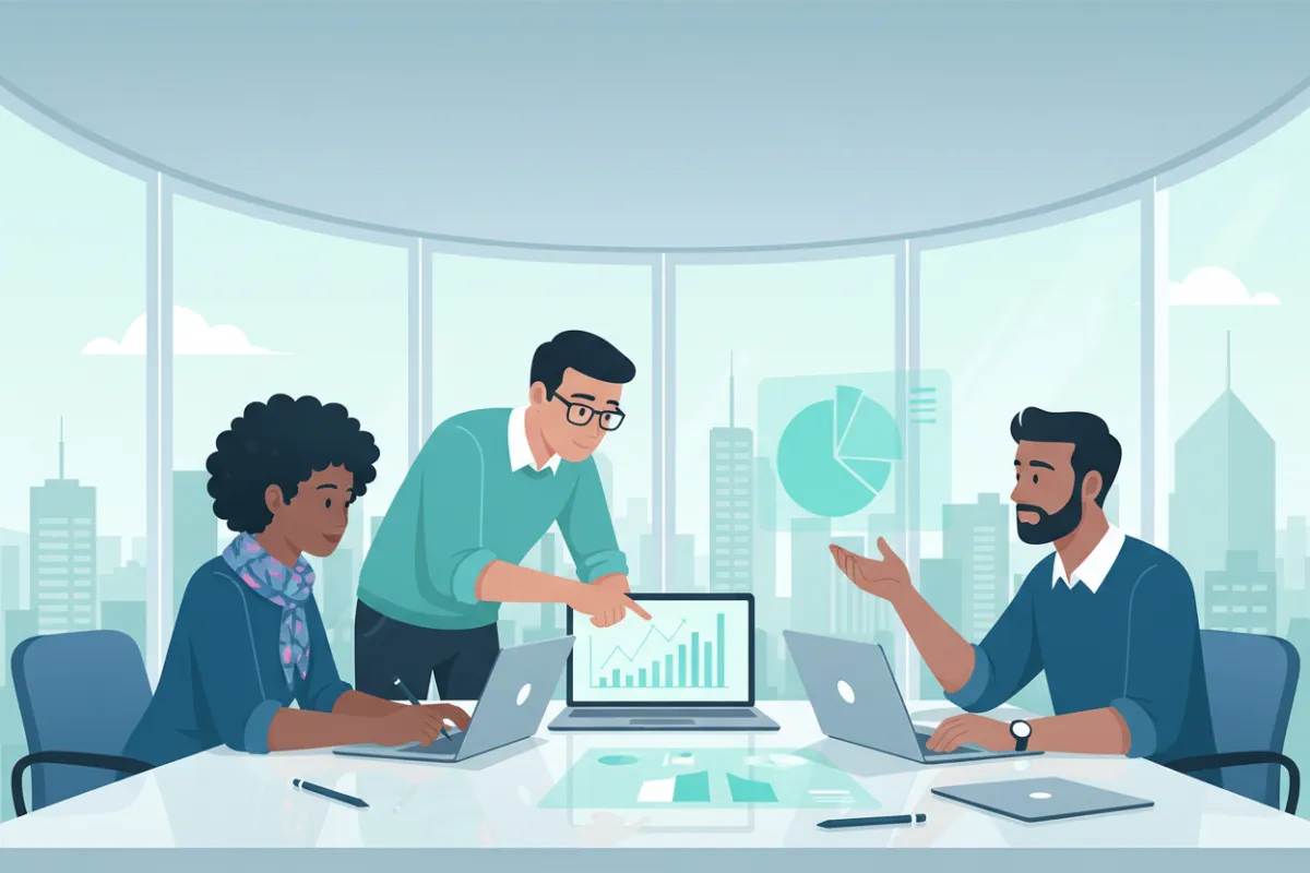 A vibrant digital illustration of a diverse group of small business owners gathered around a table, collaborating with laptops and charts, set in a bright, modern office with large windows and city views. The scene conveys optimism, teamwork, and growth, using cool blue and teal tones to match the brand.