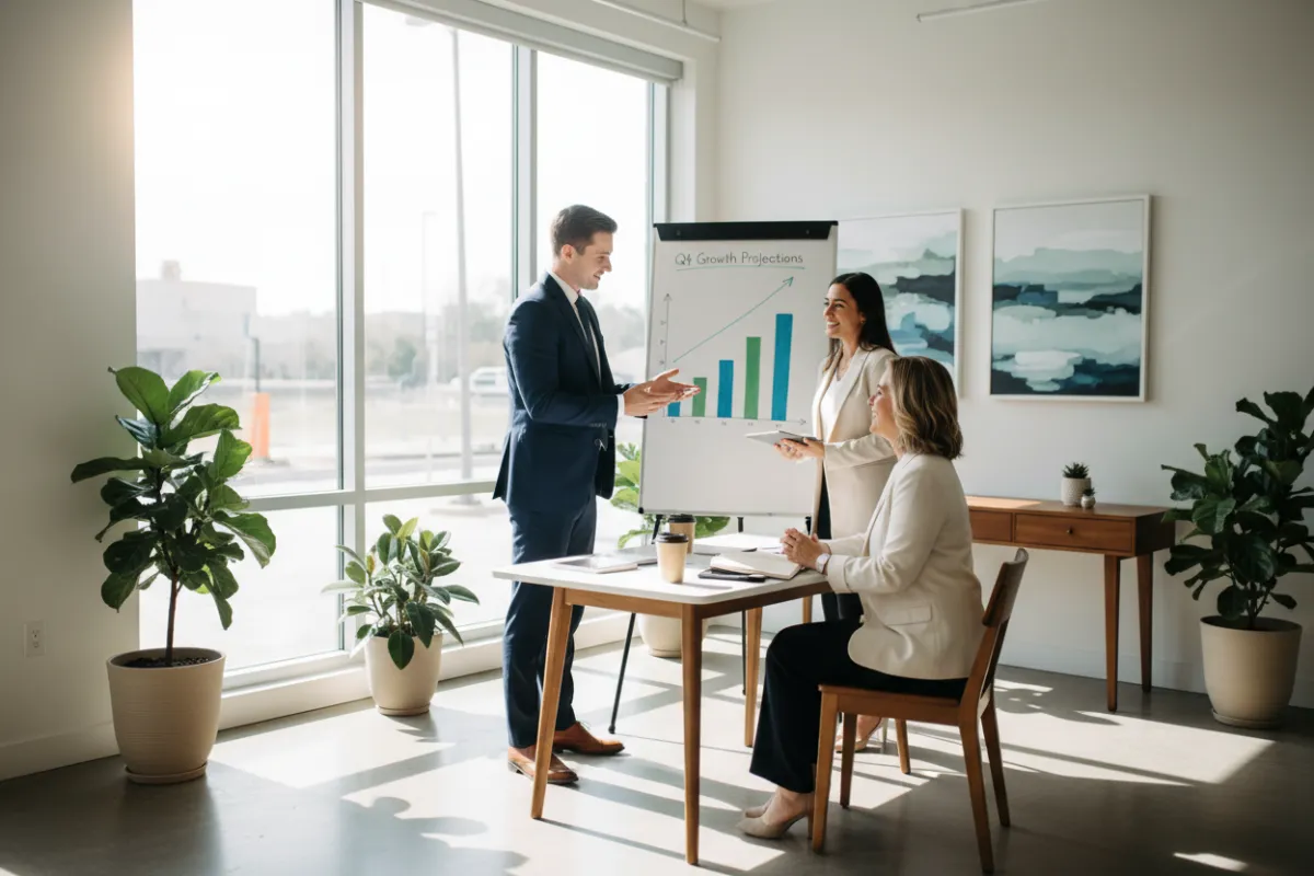 TrueRise team consulting with a small business owner in a bright office