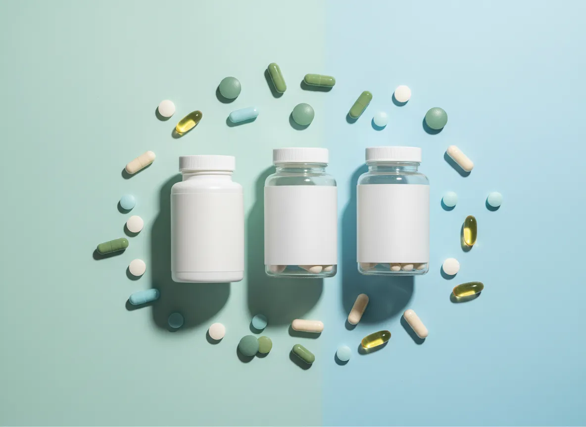 Assorted daily supplements on a clean background