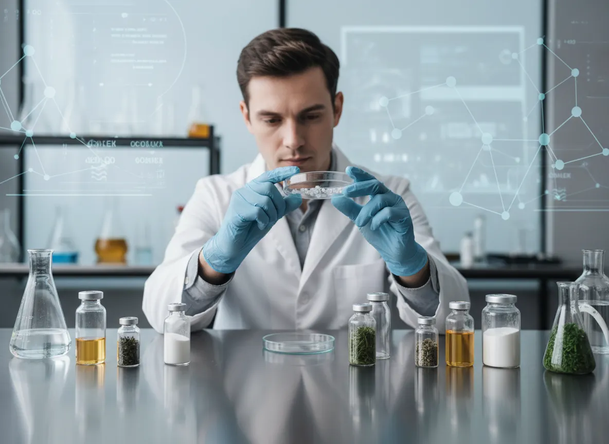 Lab technician inspecting supplement ingredients