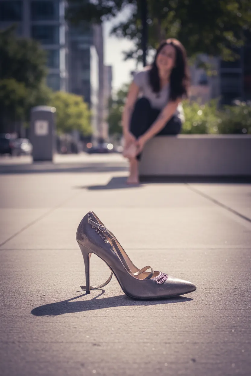 A discarded uncomfortable high heel conveying foot fatigue
