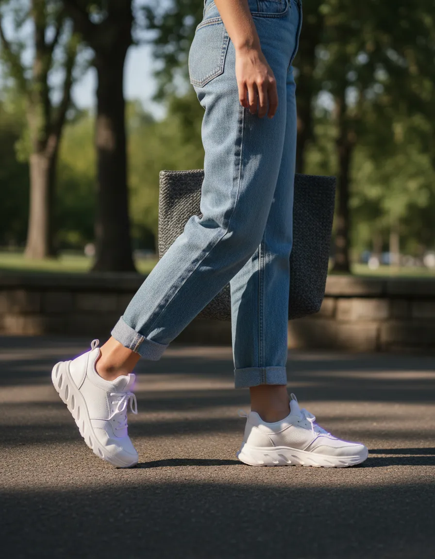 Woman walking outdoors wearing LunaSteps for errands