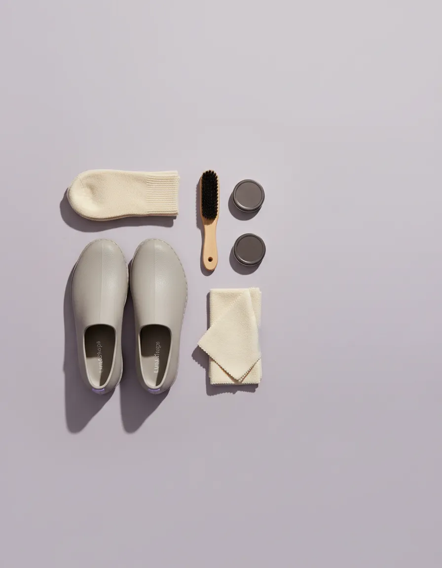 LunaSteps rubber shoes, comfort socks, and shoe care kit arranged elegantly.