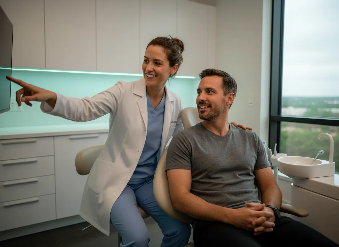 Friendly dentist consulting with a patient