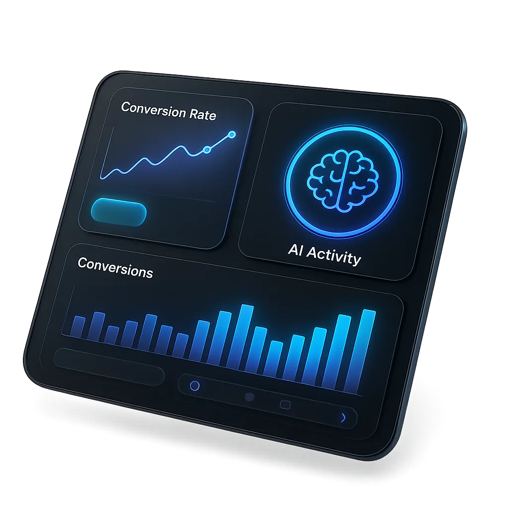 Floating mobile dashboard showing real-time AI conversion stats