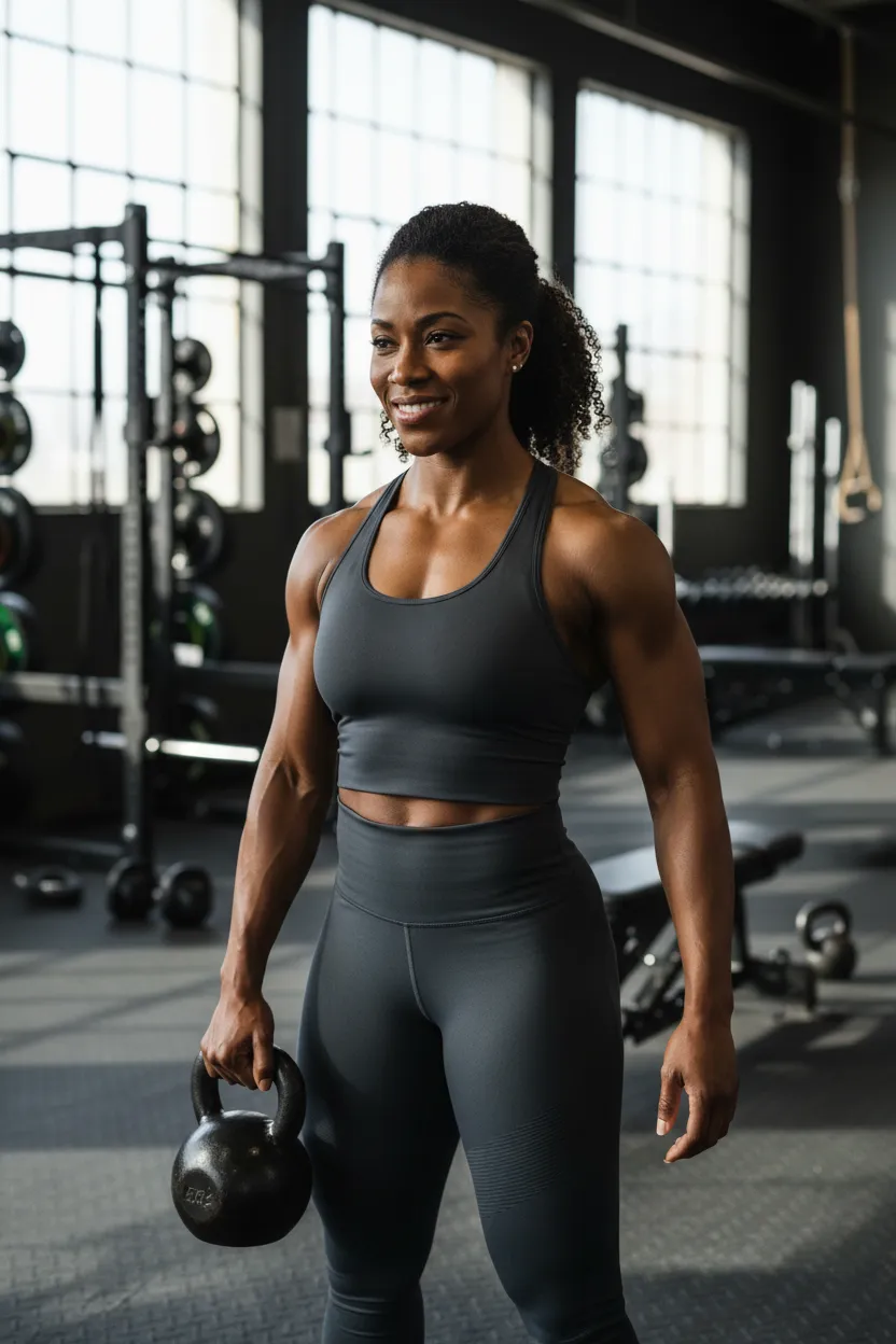 Coach Sarah coaching a kettlebell swing — woman in her 30s, athletic build, mixed ethnicity, natural coaching photo