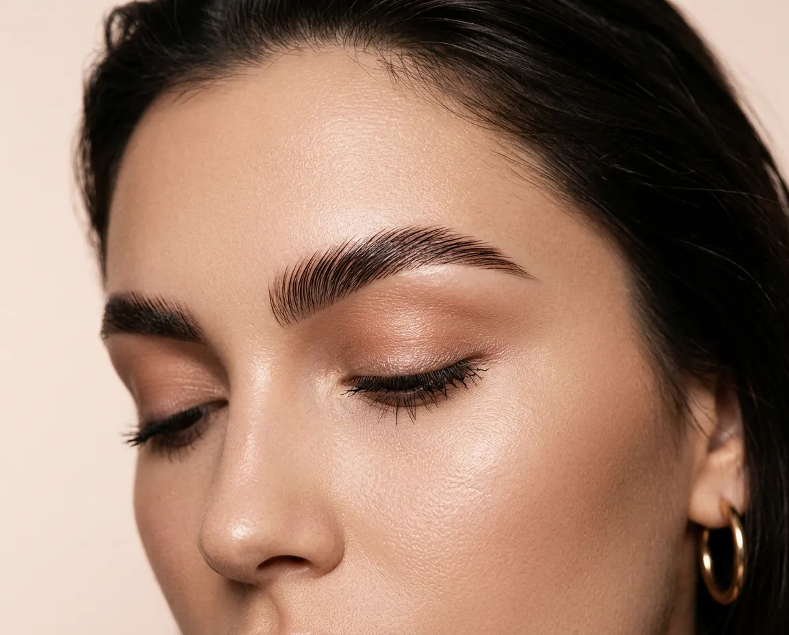 Brow lamination studio macro detail showing brushed upward brows