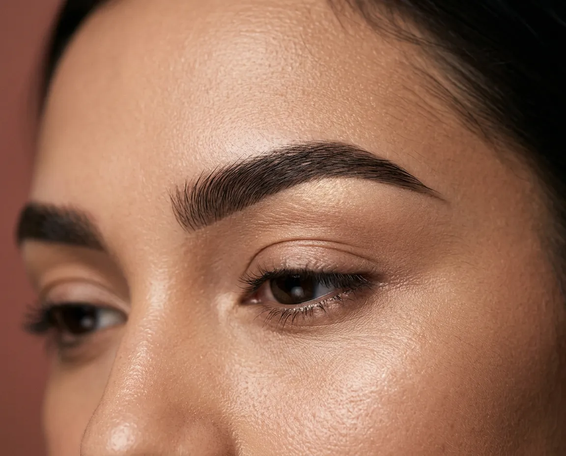 Brow lamination and custom tinting detail on editorial model