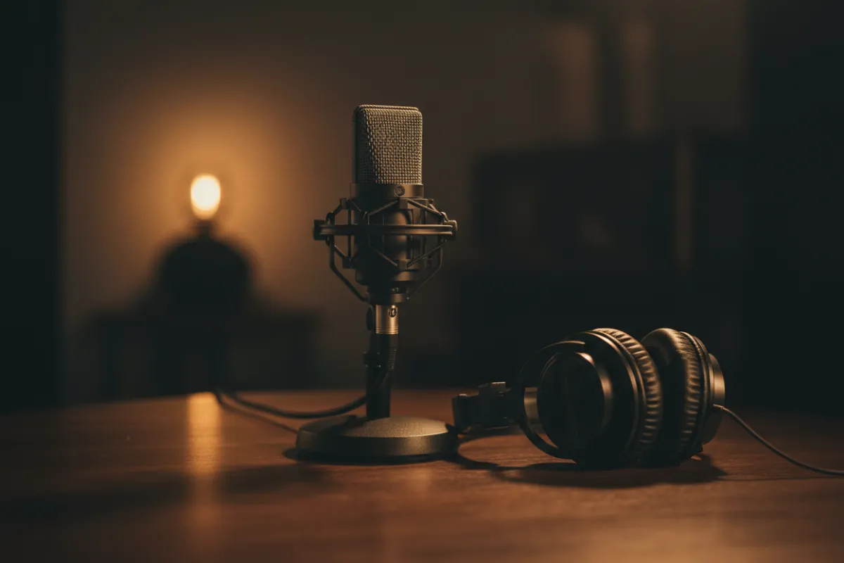 Professional podcast microphone and headphones in a studio setting.