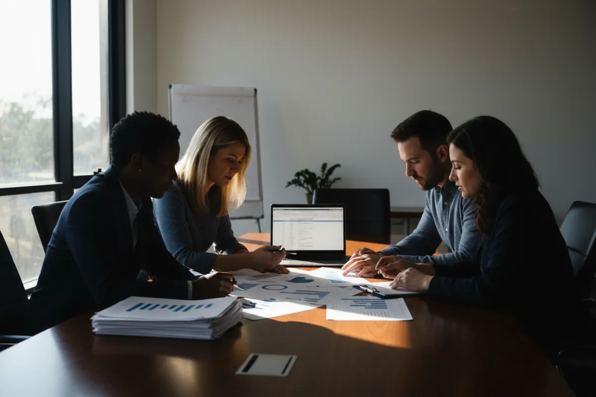 Small cohort workshop with educational leaders collaborating around data in a modern conference room.