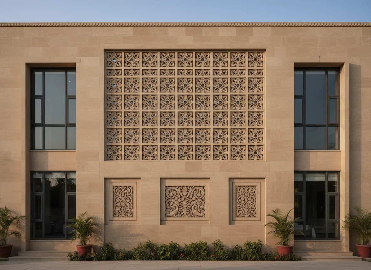 CNC stone jali and decorative stone carving on a luxury house elevation by Aadinath Stonex