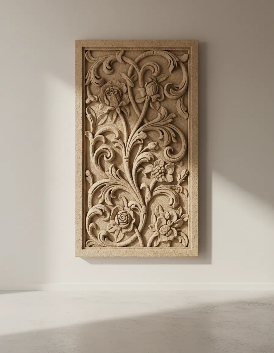 3D floral stone carving panel