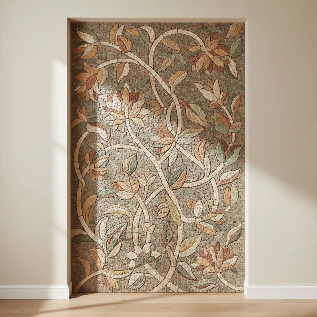 Floral mosaic stone wall design